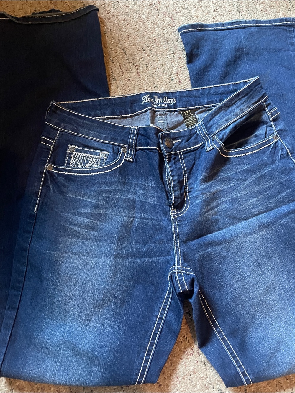 Love Indigo Dark Blue Boot cut Jeans with White Topstitch